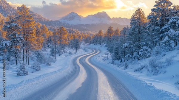 Fototapeta A road meandering through snow-covered mountains in winter, with frosty trees, icy peaks, and the soft glow of winter light creating a peaceful yet cold mountain scene