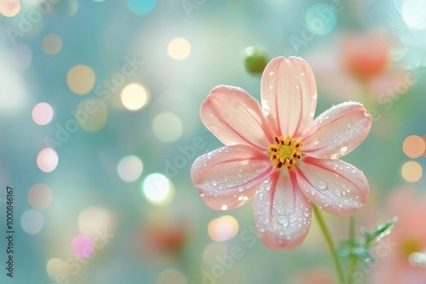 Fototapeta Close-up of a pink flower with water drops, blurred background with bokeh.