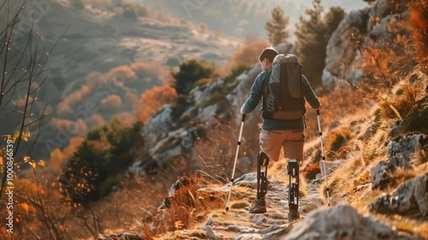 Obraz Man with two prosthetic legs hiking on mountain trail