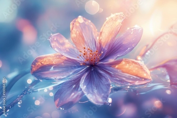 Fototapeta A delicate purple flower with dew drops, backlit with a soft, warm glow.