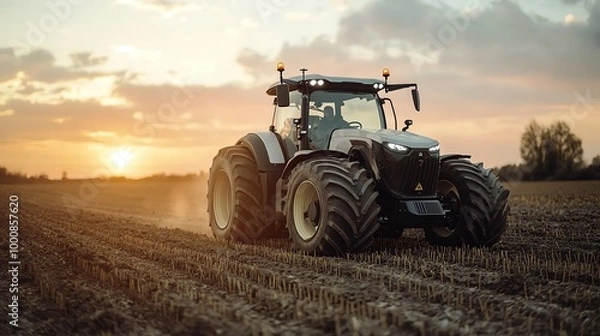 Fototapeta High-tech autonomous tractor plowing fields under a pink sunrise, the future of agriculture