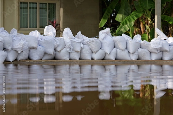 Fototapeta Sandbag for flood protection. A pile or wall of sandbags at the front entrance of a house, next to street, to keep flooding water out of the residence