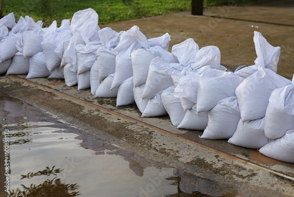Fototapeta Sandbag for flood protection. A pile or wall of sandbags at the front entrance of a house to keep flooding water out of the residence, and separate wet and dry zone