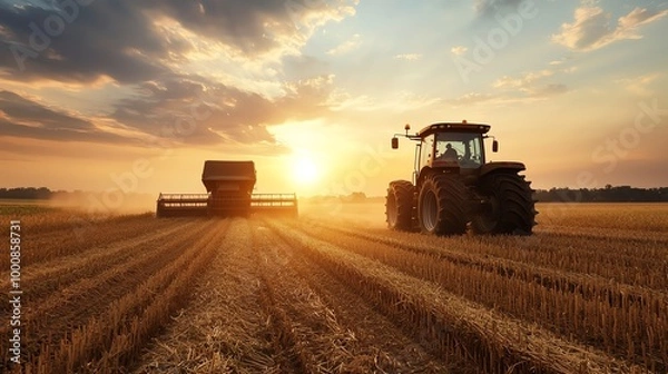 Fototapeta The outline of heavy-duty machinery against a deep orange sunset, towering over endless rows of crops