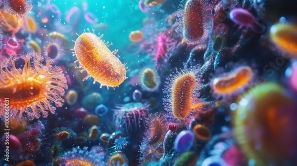 Fototapeta Immersive 3D Render of Vibrant Microscopic Marine Plankton Ecosystem