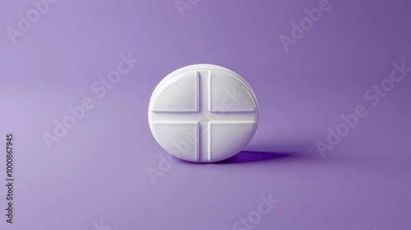 Fototapeta A white pill with a cross on it is sitting on a purple background