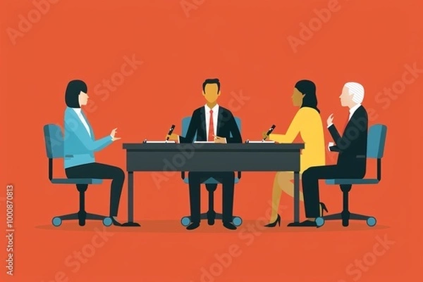 Fototapeta A scene of a candidate confidently answering questions during a panel interview, with the panelists nodding in agreement and taking notes.