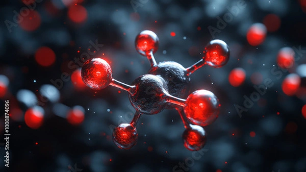 Fototapeta A 3D model of the Ha O molecule, with accurate representation of the bonds and angles between hydrogen and oxygen atoms