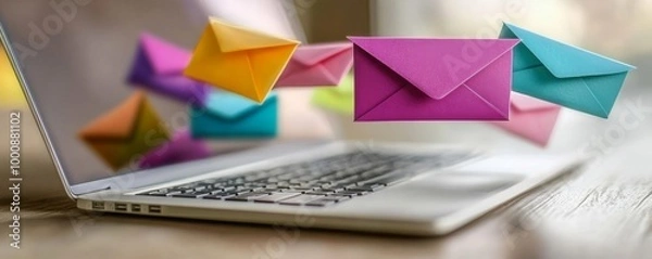 Fototapeta Laptop With Colorful Envelopes Flying Out
