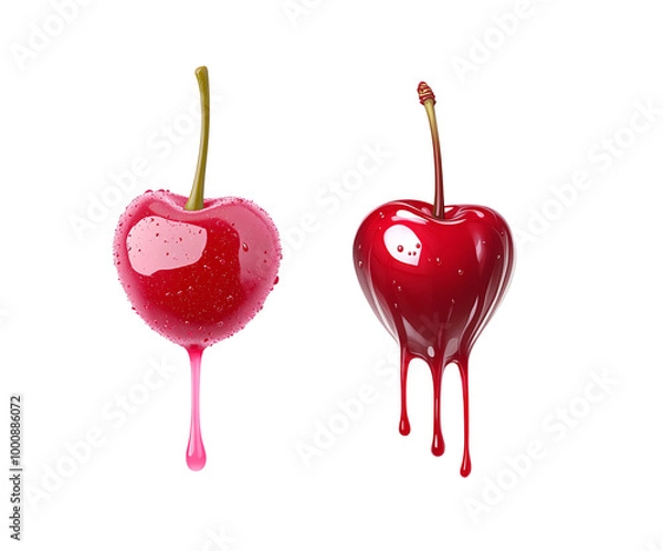 Fototapeta Cherries with dripping juice, isolated background