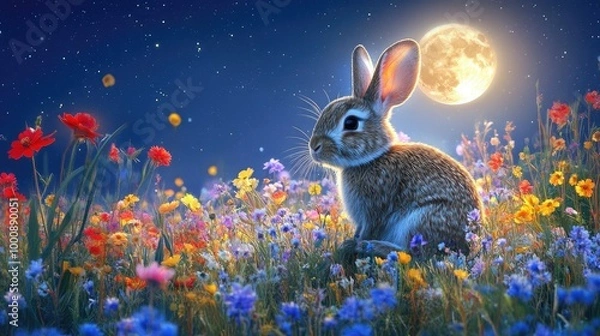 Fototapeta Adorable rabbit sitting in a field of vibrant flowers, with a full moon glowing in the background, creating a peaceful and enchanting scene.