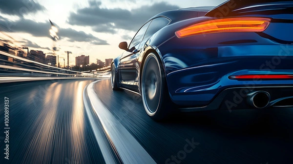 Fototapeta Rear view of blue Business car on high speed in turn. Blue car rushing along a high-speed highway.