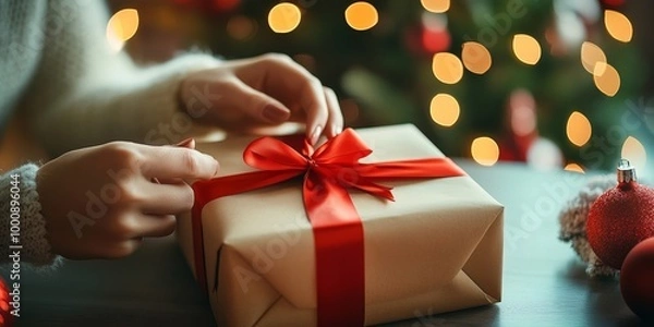 Fototapeta Close-up of a woman's hands preparing a Christmas present box, wrapping a gift with a red ribbon on a home table near a decorated tree. A New Year and Christmas festive concept.