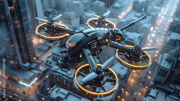 Obraz A small drone flying in the sky, surveillance, espionage. Neural network AI generated art