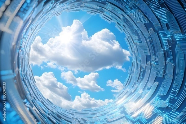Fototapeta A banner featuring white clouds on a blue digital circuit board background