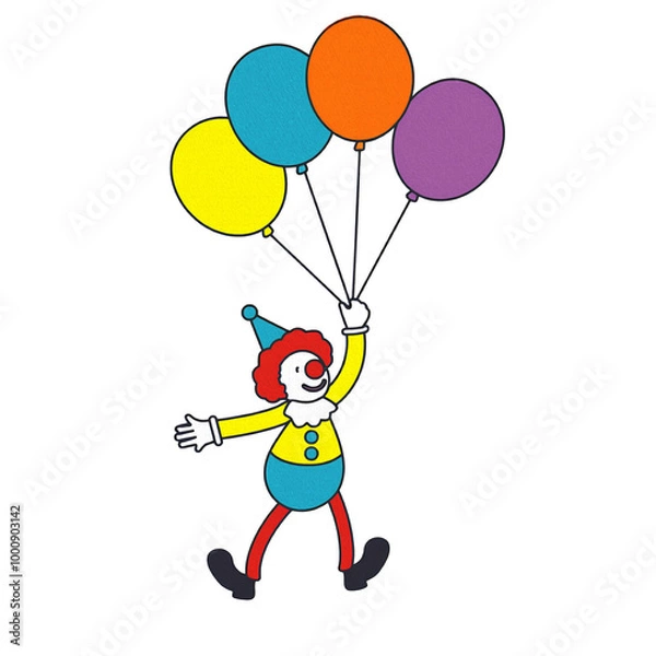 Fototapeta カラフルな風船を持っているピエロのイラスト　白背景の切り抜き