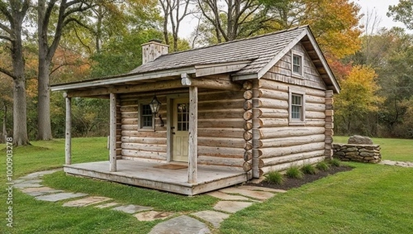 Obraz Rustic, single-story log cabin situated in a serene, wooded area. The cabin is constructed from weathered wooden logs, with a shingled roof and a small porch. 