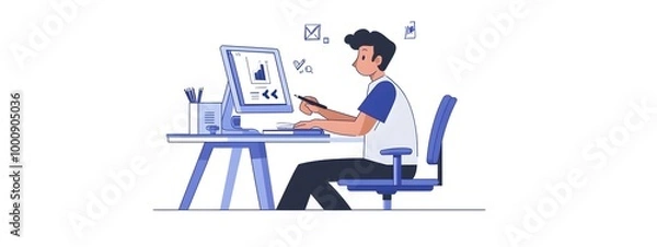 Fototapeta An icon of an employee sitting at their desk, using graphic design software on the computer to create flat illustrations in blue and yellow tones