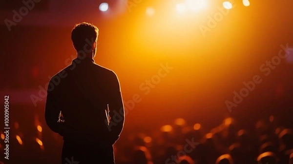 Fototapeta A man stands in silhouette on a stage with lights shining on him.