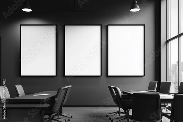 Fototapeta Three white mockup posters on the wall in office, black background. AI generation