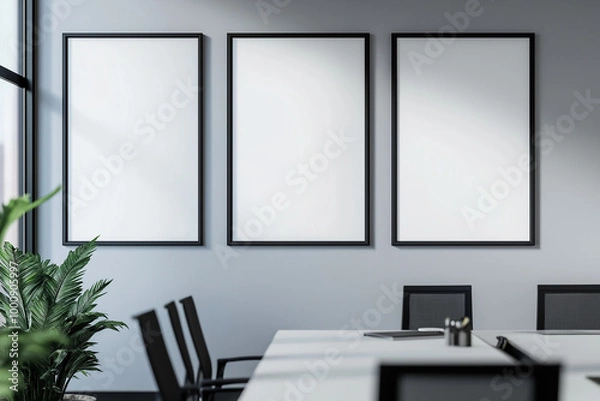 Fototapeta Three white mockup posters on the wall in office, white background. AI generation