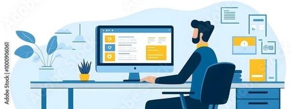 Fototapeta An icon of an employee sitting at their desk, using graphic design software on the computer to create flat illustrations in blue and yellow tones