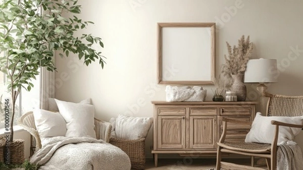 Fototapeta Mock up frame in a Scandinavian-inspired dressing area with natural wooden furniture and soft textiles, 3D render 