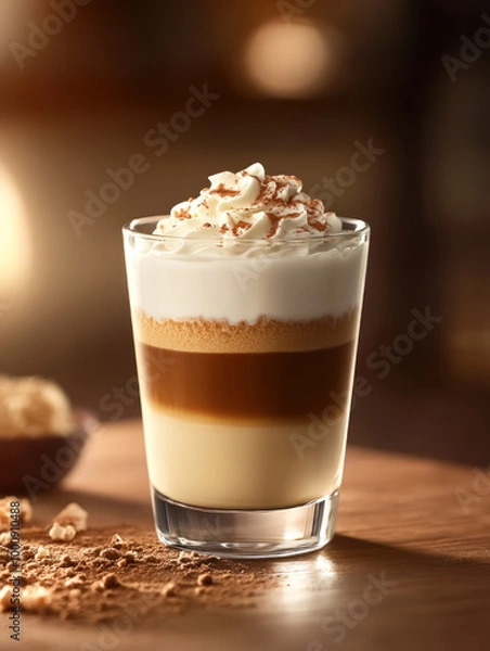 Fototapeta gourmet layered coffee drink with whipped cream and cocoa