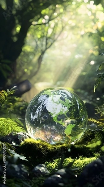 Fototapeta A glass globe rests on green moss, surrounded by lush plants and sunlight filtering through the leaves