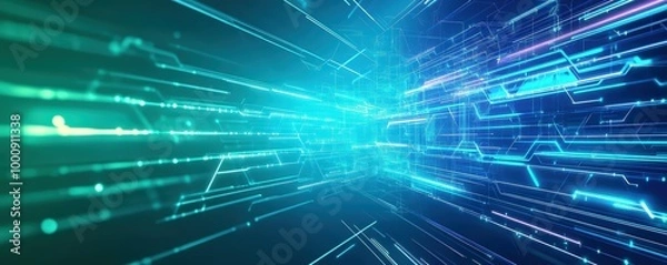 Fototapeta A vibrant, dynamic digital scene showcasing glowing lines and circuitry, evoking themes of technology, connectivity, and innovation.