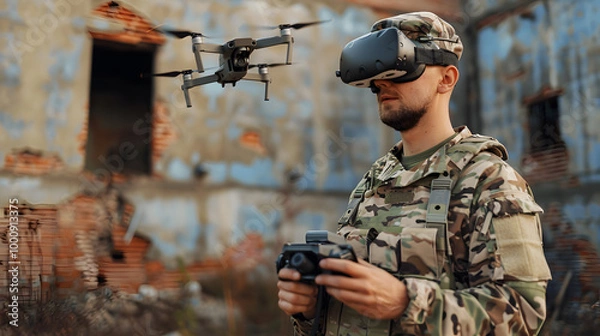 Obraz A military man in virtual glasses controls an fpv drone. Neural network AI generated art