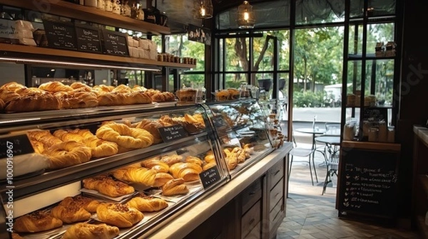 Fototapeta A bakery with shelves of pastries and bread, and a window view of an outdoor cafe seating area.