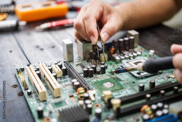 Fototapeta Technician carefully repairs a computer circuit board, using precision tools to address hardware issues. technical expertise needed for troubleshooting and upgrading electronic systems in workspace.