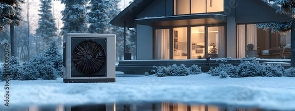 Fototapeta The air source heat pump is placed in front of the house, in a winter scene