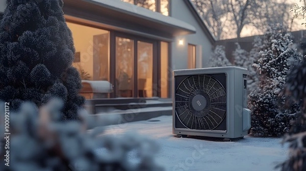 Fototapeta The air source heat pump is placed in front of the house, in a winter scene