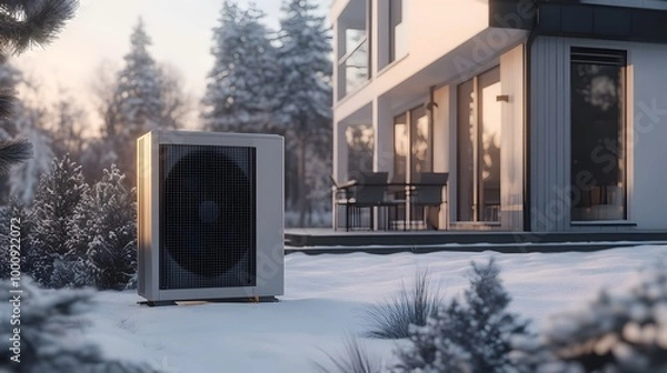 Fototapeta The air source heat pump is placed in front of the house, in a winter scene