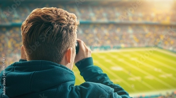 Fototapeta Focused Football Scout with Binoculars at Midday Game