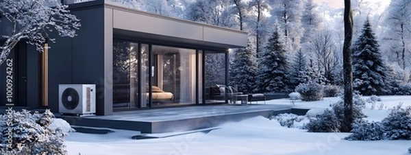 Fototapeta The air source heat pump is placed in front of the house, in a winter scene
