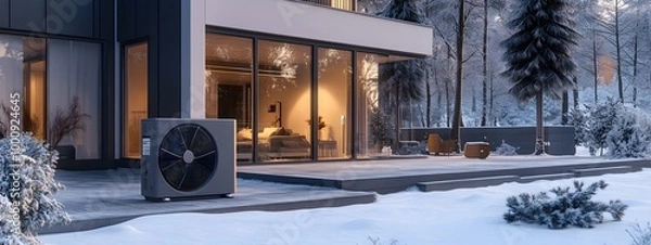 Fototapeta The air source heat pump is placed in front of the house, in a winter scene