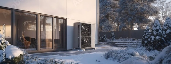 Fototapeta The air source heat pump is placed in front of the house, in a winter scene
