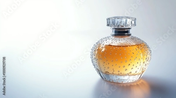 Fototapeta Elegant perfume bottle with water droplets on the surface, showcasing luxury packaging on a clean white background, exuding sophistication and freshness.