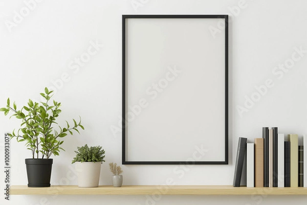 Fototapeta White poster in black frame mockup on the shelf, books and plants. AI generated