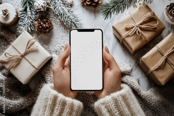 Fototapeta Hands holding smartphone with blank screen surrounded by festive holiday decorations, vertical photo with space for text
Concept: holiday shopping, mobile app, Christmas phone, gift ideas, mockup 