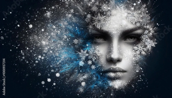 Obraz A mysterious portrait of a woman's face in the dark, covered in snow and ice, with intricate snowflakes