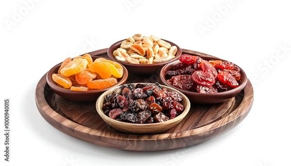 Fototapeta Plates with different dried fruits on white background