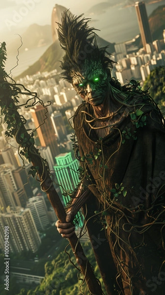 Obraz A mystical tree guardian with glowing green eyes and vines, towering over a cityscape at sunset