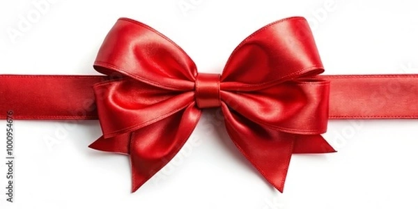 Fototapeta Lustrous red bow and ribbon set against a clean white background, ideal for adding a festive charm to