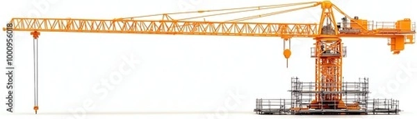Fototapeta Construction crane building a small structure, scaffolding visible isolate white background