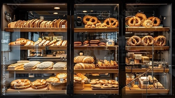 Fototapeta A display cabinet in the kitchen showing several types of goods featuring pretzels