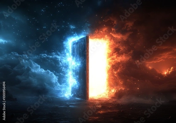 Fototapeta Heaven paradise and fiery hell gates choice. Door to heaven and hell. Good and evil, light and darkness.	